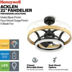 Honeywell Acklen Indoor Fandelier Modern Ceiling Fan with Color Changing Technology and Remote Control - 21 Inch, Matte Black