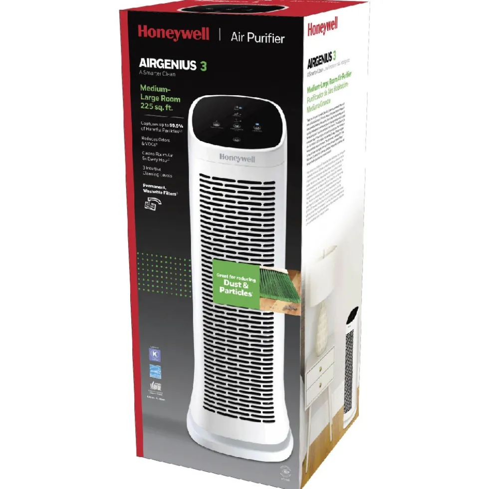 Honeywell Air Genius 3 Oscillating Tower Air Purifier with Permanent Washable Filter- White, HFD300