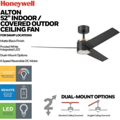 Honeywell Altan Indoor or Covered Outdoor Ceiling Fan with Adjustable LED Light, 52-Inch, Matte Black and Brushed Gold - 53056-03