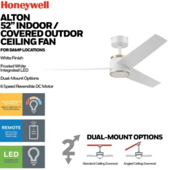 Honeywell Altan Indoor or Covered Outdoor Ceiling Fan with Adjustable LED Light, 52-Inch, White and Brushed Gold - 53057-03