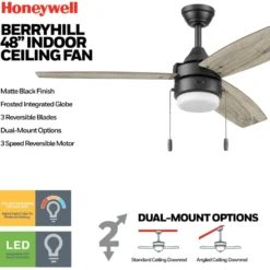 Honeywell Berryhill Indoor Ceiling Fan, Matte Black, 48-Inch - 51858