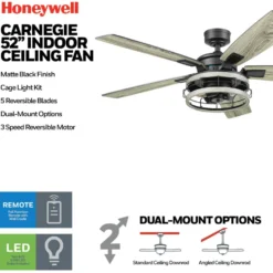 Honeywell Carnegie Industrial Style Ceiling Fan with Lights, Matte Black, 52-Inch - 51863