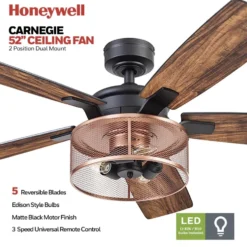 Honeywell Carnegie Rustic Chic Ceiling Fan, Matte Black/Copper, 52-Inch- 51459