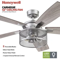 Honeywell Carnegie Rustic Chic Ceiling Fan, Pewter, 52-Inch - 51460