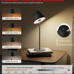 Honeywell Cordless LED Desk Lamp with Rechargeable Battery, Color Changing and Touch Controls, Black HWT-M1B
