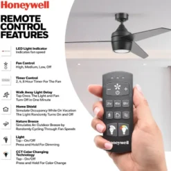 Honeywell Eamon 52 inch Color Changing Indoor Ceiling Fan with Light and Remote, Matte Black - 51906