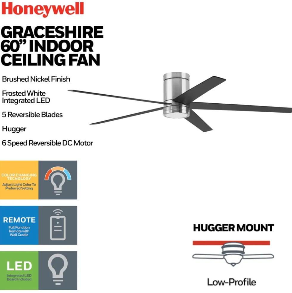 Honeywell Graceshire Ceiling Fan with Light, 60 Inch, Brushed Nickel - 53053