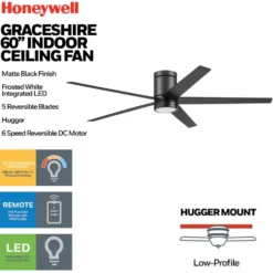 Honeywell Graceshire Ceiling Fan with Light, 60 Inch, Matte Black - 53052