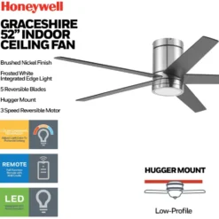 Honeywell Graceshire Indoor Flush Mount Ceiling Fan, Brushed Nickel, 52-Inch - 51860
