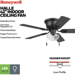 Honeywell Halle 42 Inch Indoor Matte Black Ceiling Fan with Light & Pull Chain - 53044