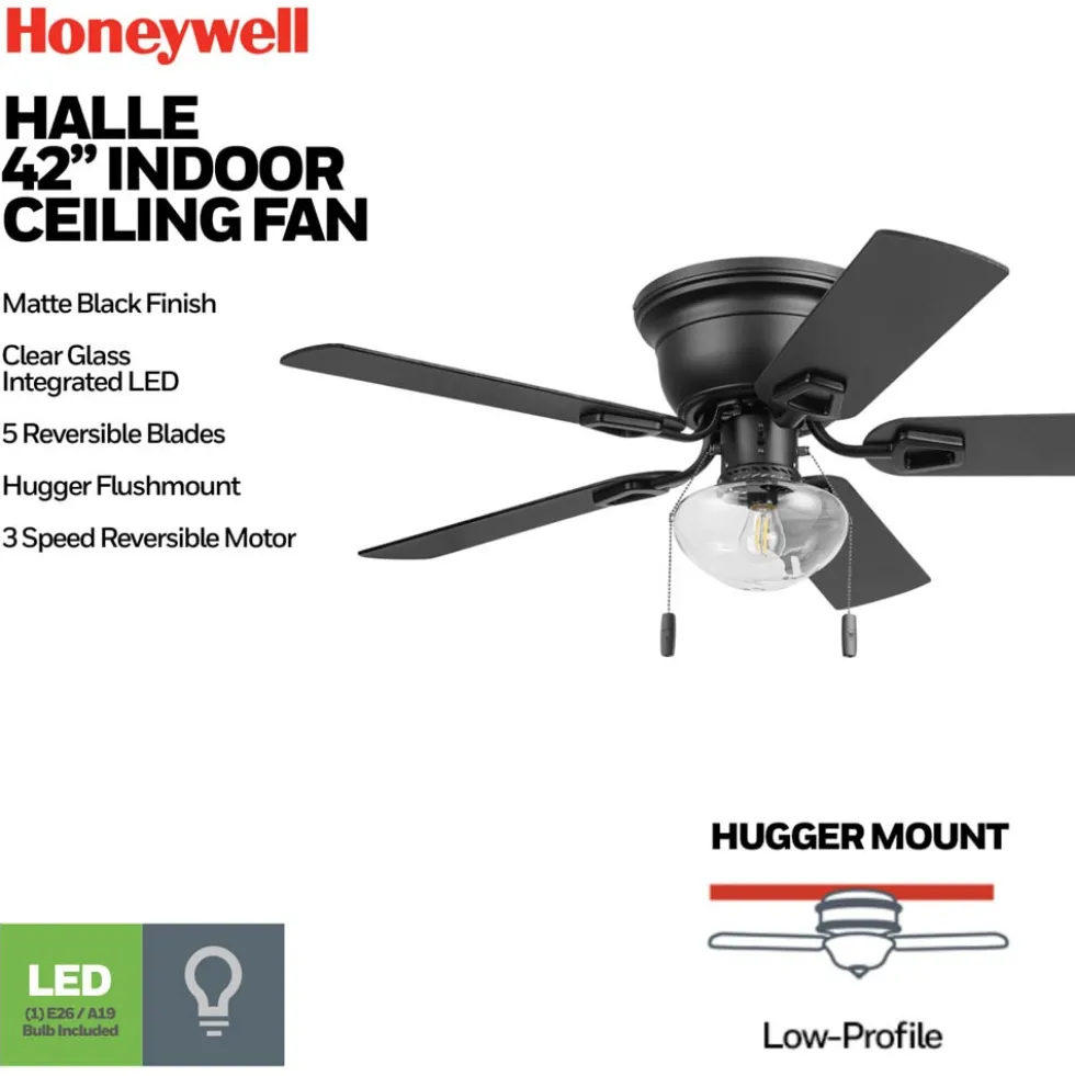 Honeywell Halle 42 Inch Indoor Matte Black Ceiling Fan with Light & Pull Chain - 53044
