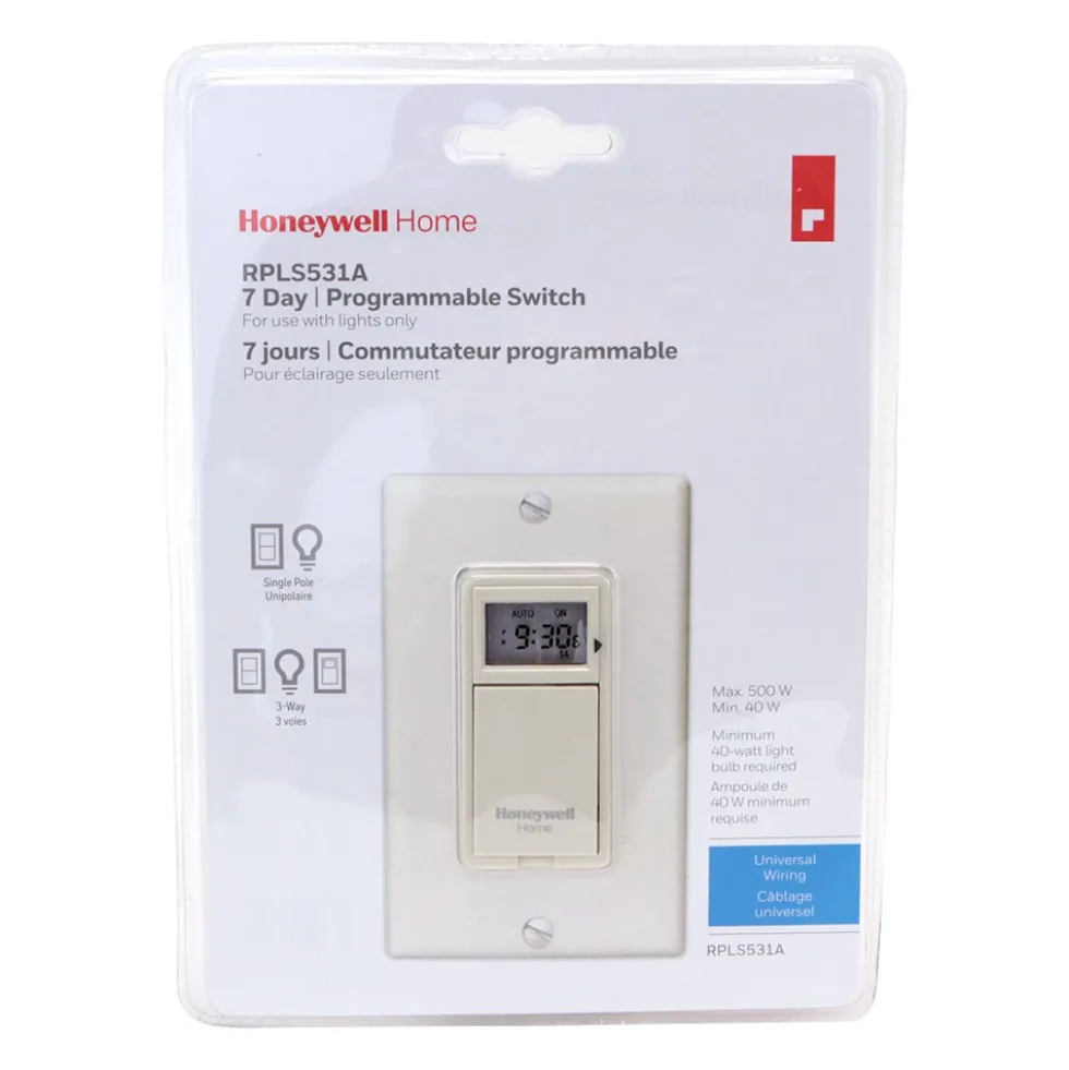 Honeywell Home Programmable Light Switch Timer, 40 Watt Minimum Lights Only - RPLS531A, Almond