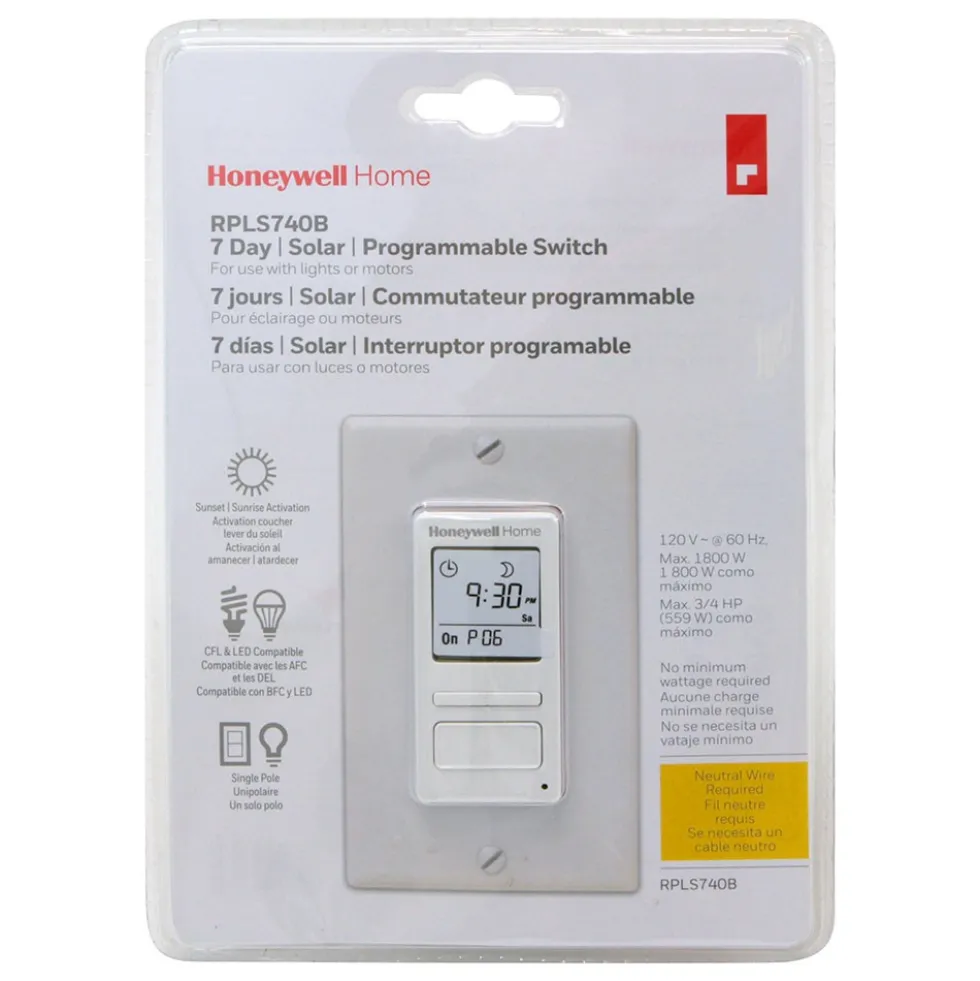 Honeywell Home Solar 7 Day Programmable Light Switch Timer, Sunset to Sunrise - RPLS740B, White