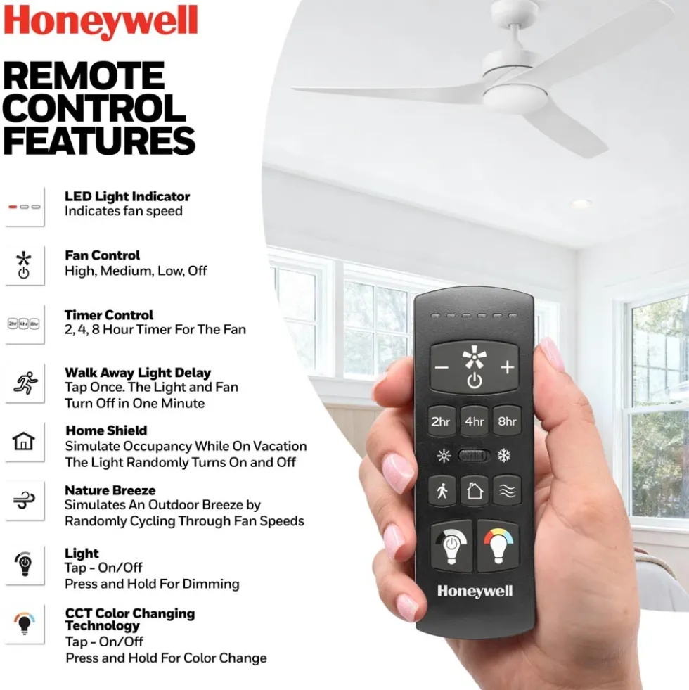Honeywell Lynton Dual Mount Ceiling Fan with Light, 52 Inch, White - 53050