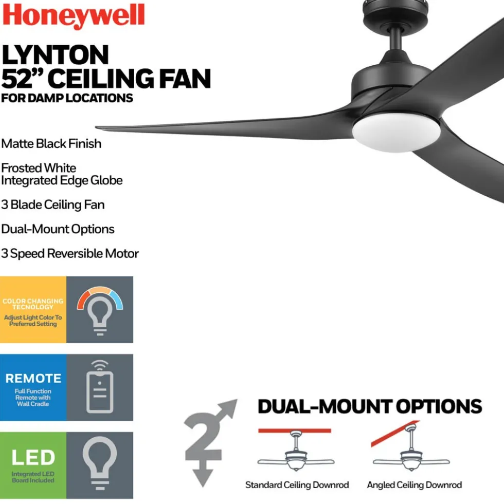 Honeywell Lynton High Performance Indoor and Outdoor Ceiling Fan, Black, 52-Inch - 51854