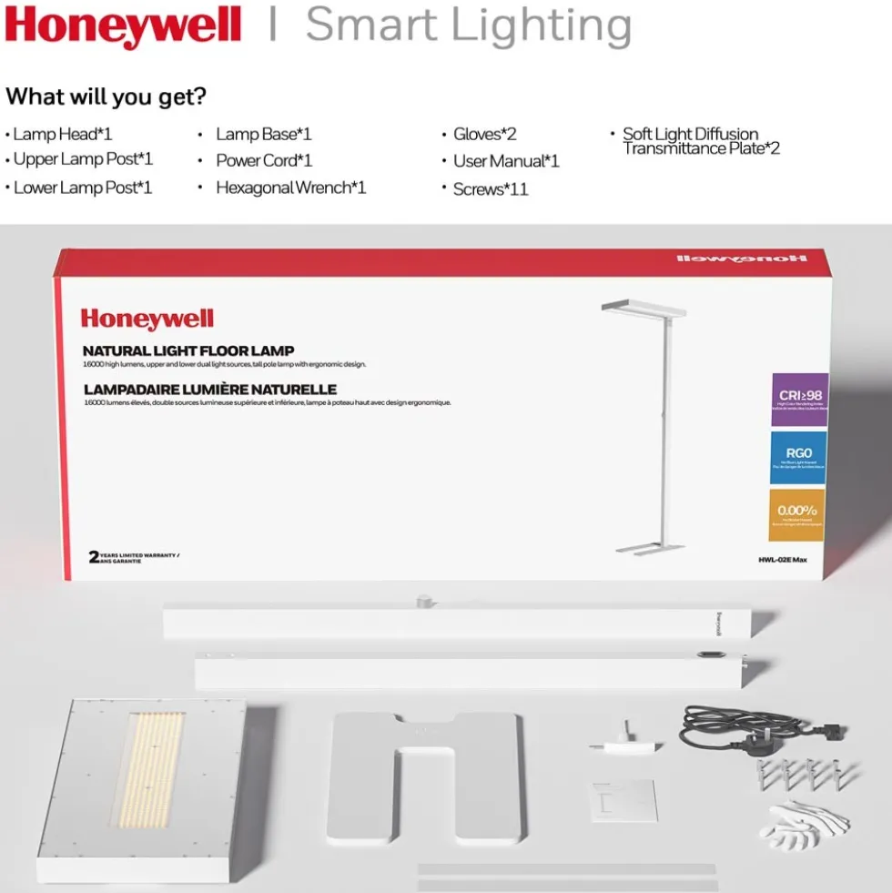Honeywell Modern LED Floor Lamp, Sunturalux Eye-Care Tall Standing Light, 16000LM 4000K Natural Daylight - 02E-Max