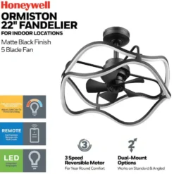 Honeywell Ormiston 21 in. LED Indoor Fandelier Modern Ceiling Fan with Color Changing Technology and Remote Control - Matte Black, 51916