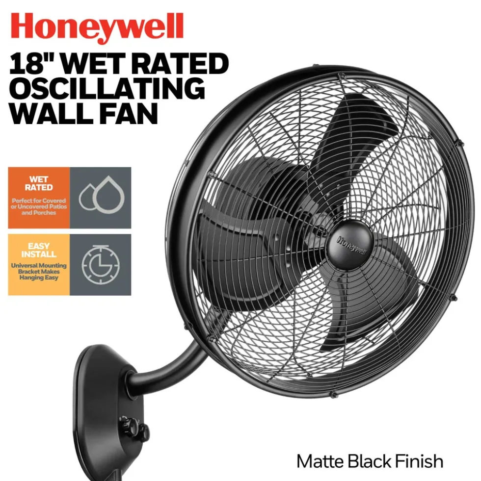 Honeywell Outdoor Wet-Rated Oscillating Wall Fan, 18 Inch, Matte Black - 53030