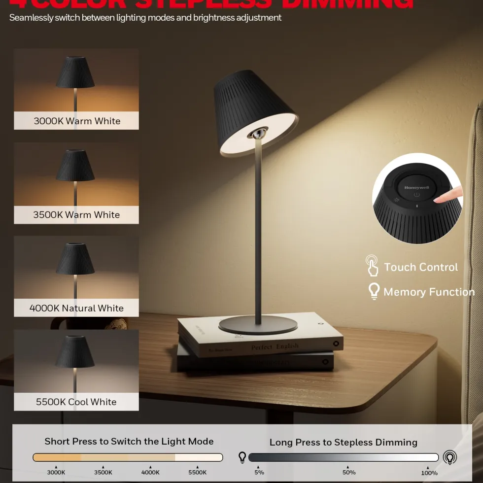 Honeywell Rechargeable Cordless Desk Lamps with a Portable Design, Color Changing and Touch Controls, Black 2-Pack HWT-M1B