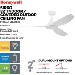 Honeywell Sirro Indoor or Covered Outdoor Ceiling Fan with Adjustable LED Light, 52-Inch, White - 53025-03