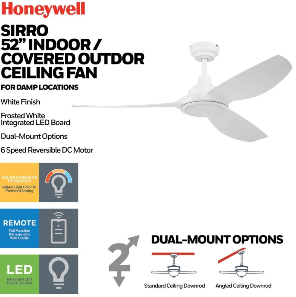 Honeywell Sirro Indoor or Covered Outdoor Ceiling Fan with Adjustable LED Light, 52-Inch, White - 53025-03