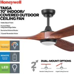 Honeywell Taiga Indoor or Covered Outdoor Ceiling Fan with Solid Wood Redwood Blades and Adjustable LED Light, 70-Inch, Matte Black - 53028-03