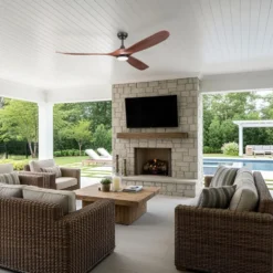 Honeywell Taiga Indoor or Covered Outdoor Ceiling Fan with Solid Wood Redwood Blades and Adjustable LED Light, 70-Inch, Matte Black - 53028-03