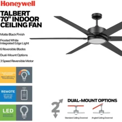 Honeywell Talbert 70 Inch Indoor Matte Black LED Ceiling Fan with Remote Control - 53041