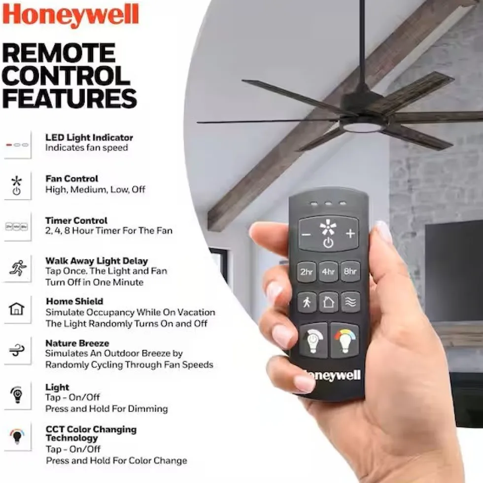 Honeywell Talbert Indoor Ceiling Fan with Color Light, Matte Black, 62-Inch - 51851