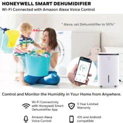 Honeywell TP70AWKN Smart 70-Pint Energy Star Dehumidifier with Wifi Connectivity and Alexa Control for Larger Rooms Up To 4000 Sq. Ft.