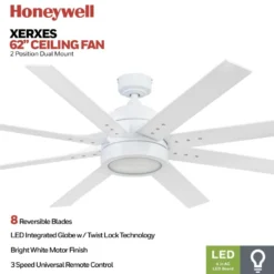 Honeywell Xerxes Indoor Ceiling Fan, Bright White, 62-Inch - 51628