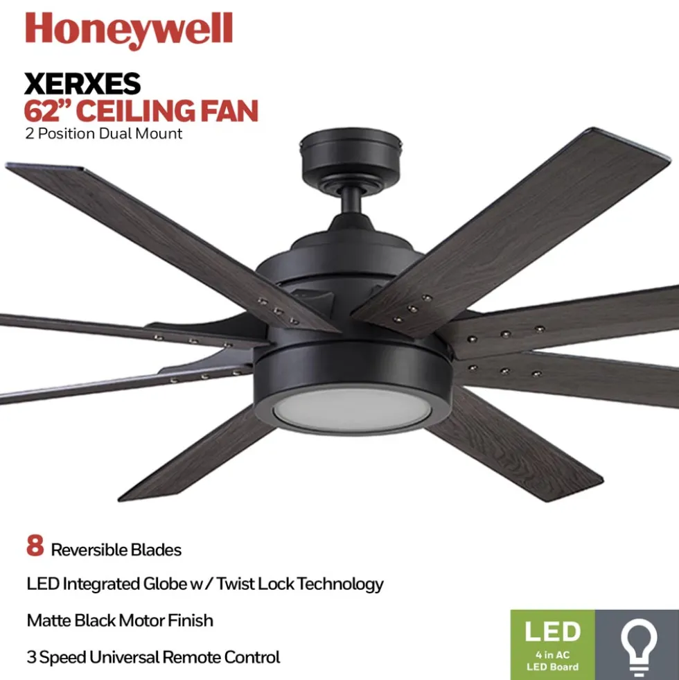 Honeywell Xerxes Indoor Ceiling Fan, Matte Black, 62-Inch - 51473