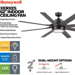 Honeywell Xerxes Indoor Ceiling Fan, Matte Black, 62-Inch - 51993