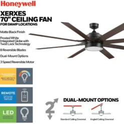Honeywell Xerxes Indoor/Outdoor Ceiling Fan, Matte Black, 70-inch - 51905
